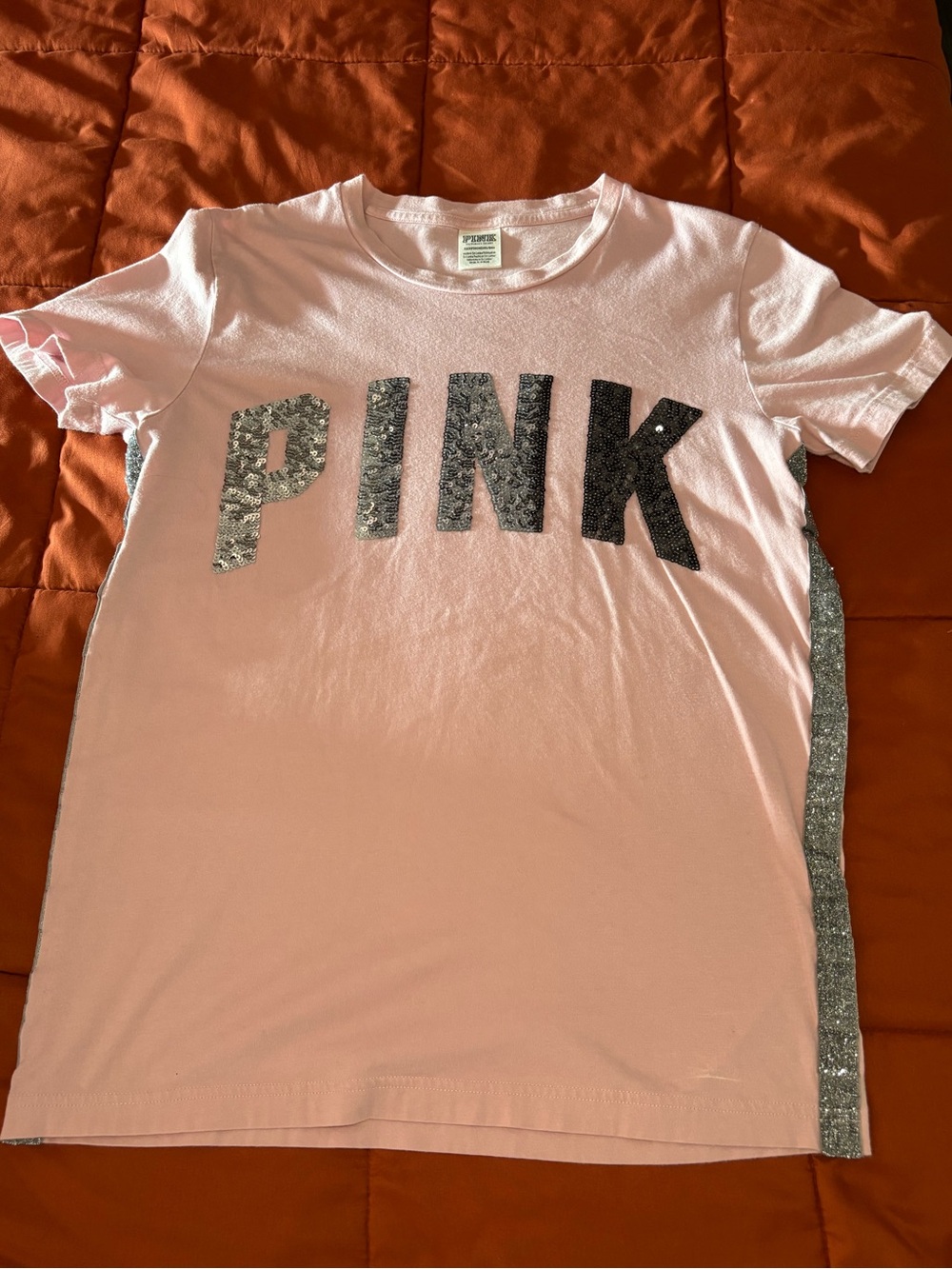 PINK Victoria's Secret Light Pink Sequin Logo Legging Tee W/ Silver Glitter Trim